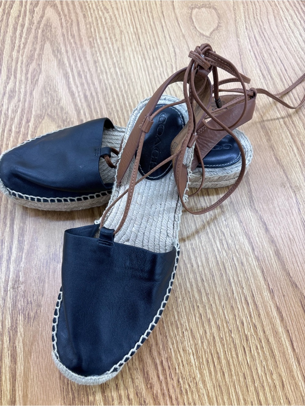 Coach Leather Ankle-Tie Espadrille Flats - Black & Tan